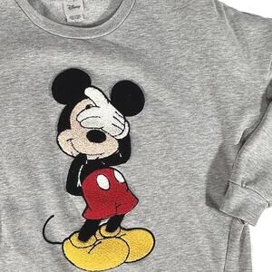 Mickey Mouse Knit Shy Peeking Sweatshirt Womens L Cropped Grey 3/4 Sleeve Disney